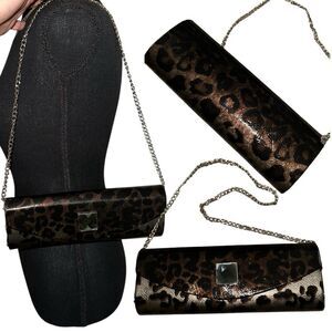 Cache 90s chain strap rectangle evening leopard animal leather shoulder bag